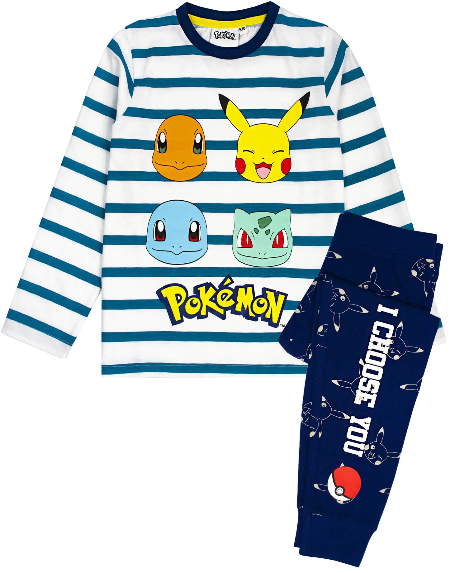 Pokemon Pajamas Pikachu Characters Kids Striped T Shirt & Trousers Pajamas 7-8 Years White