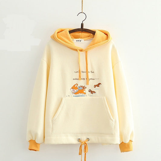 Cute Cartoon Dog Embroidery Thick Hooded Sweater