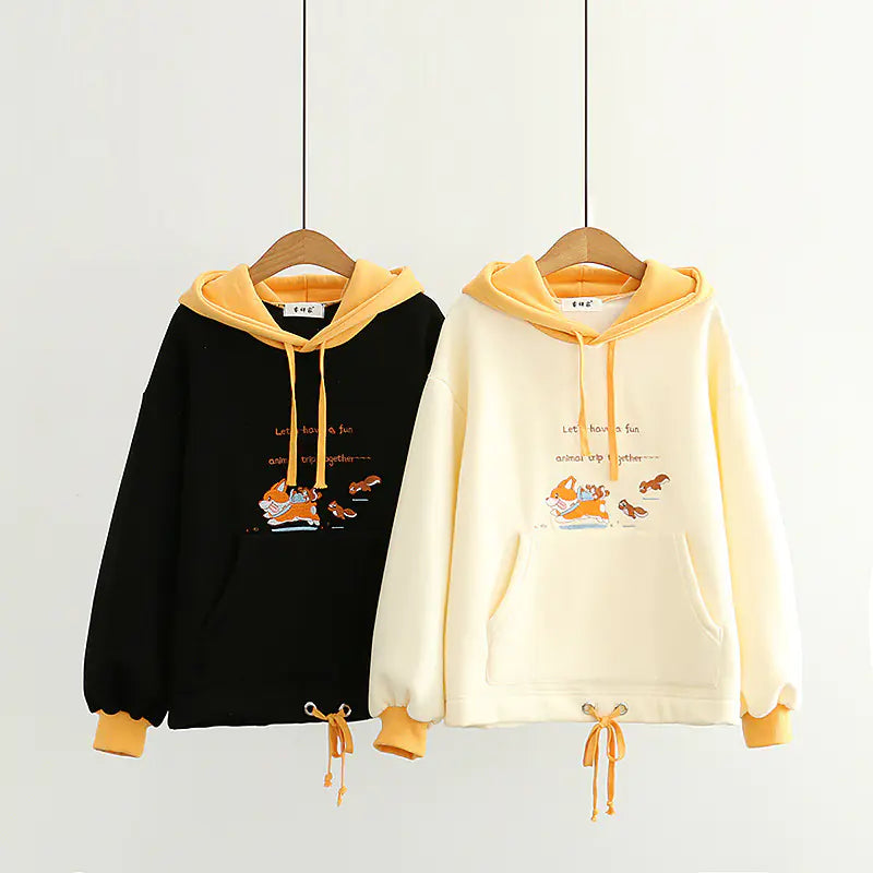 Cute Cartoon Dog Embroidery Thick Hooded Sweater