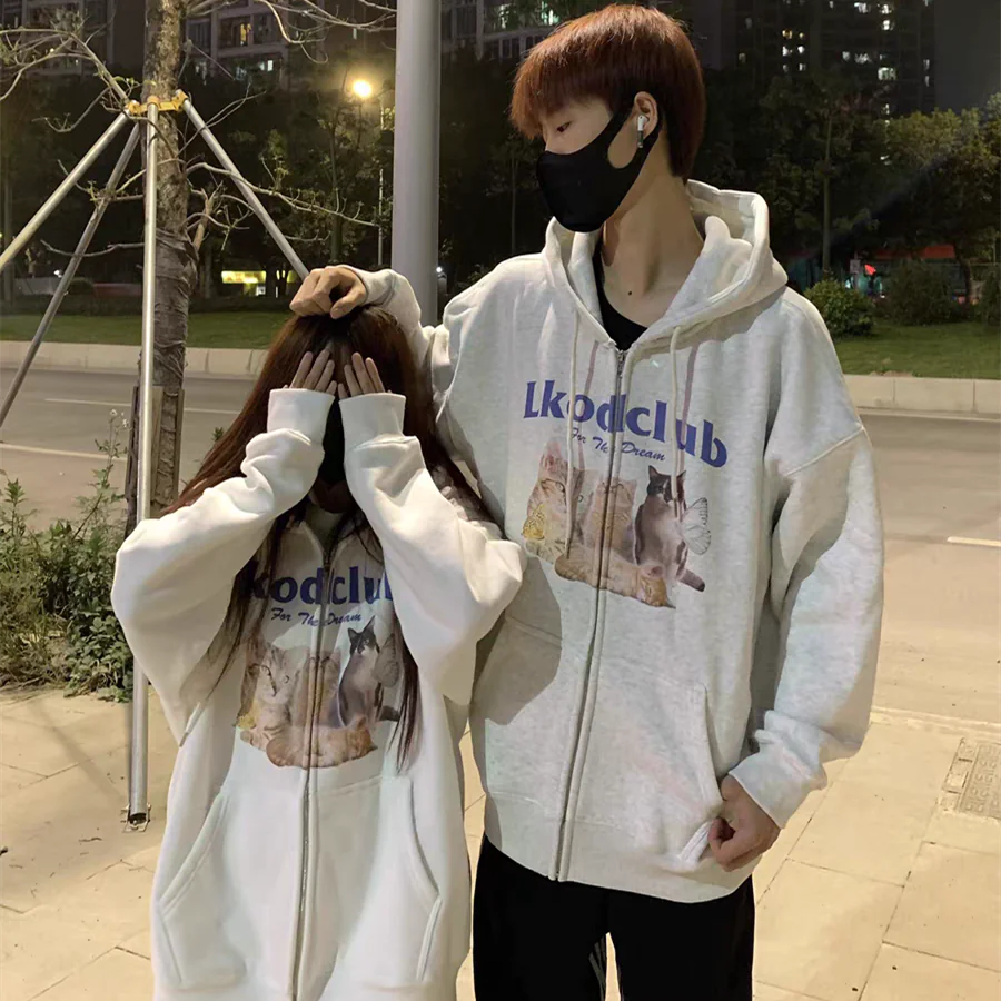 Kitten Print Fleece Hoodie Cardigan for Women