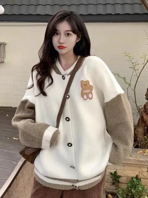 Kawaii Bear Embroidery Contrast Color Cardigan Sweater