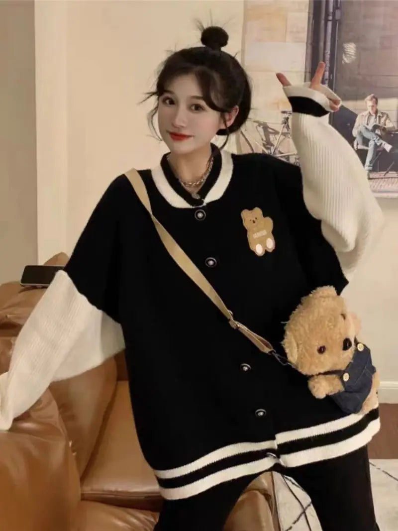 Kawaii Bear Embroidery Contrast Color Cardigan Sweater