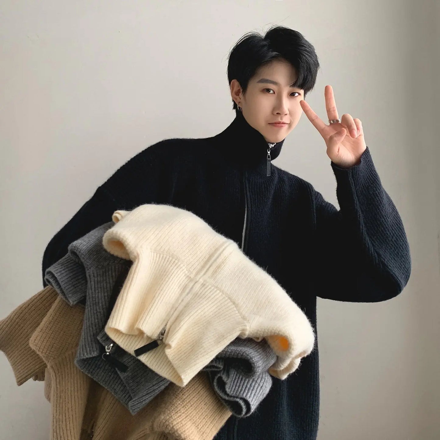 Men's Thick Solid Color Zipper Turtleneck Cardigan