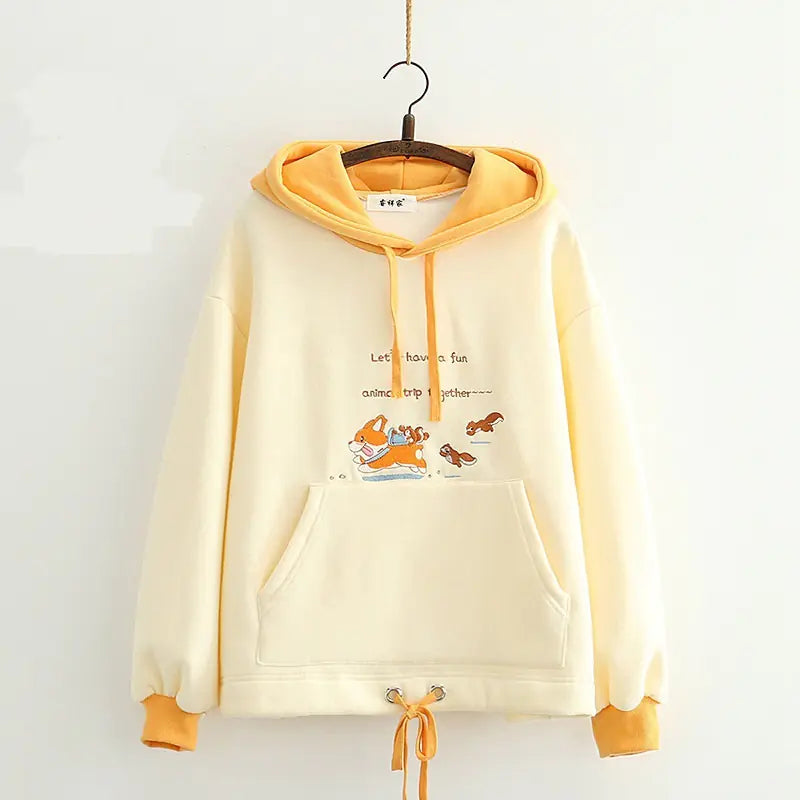 Cute Cartoon Dog Embroidery Thick Hooded Sweater