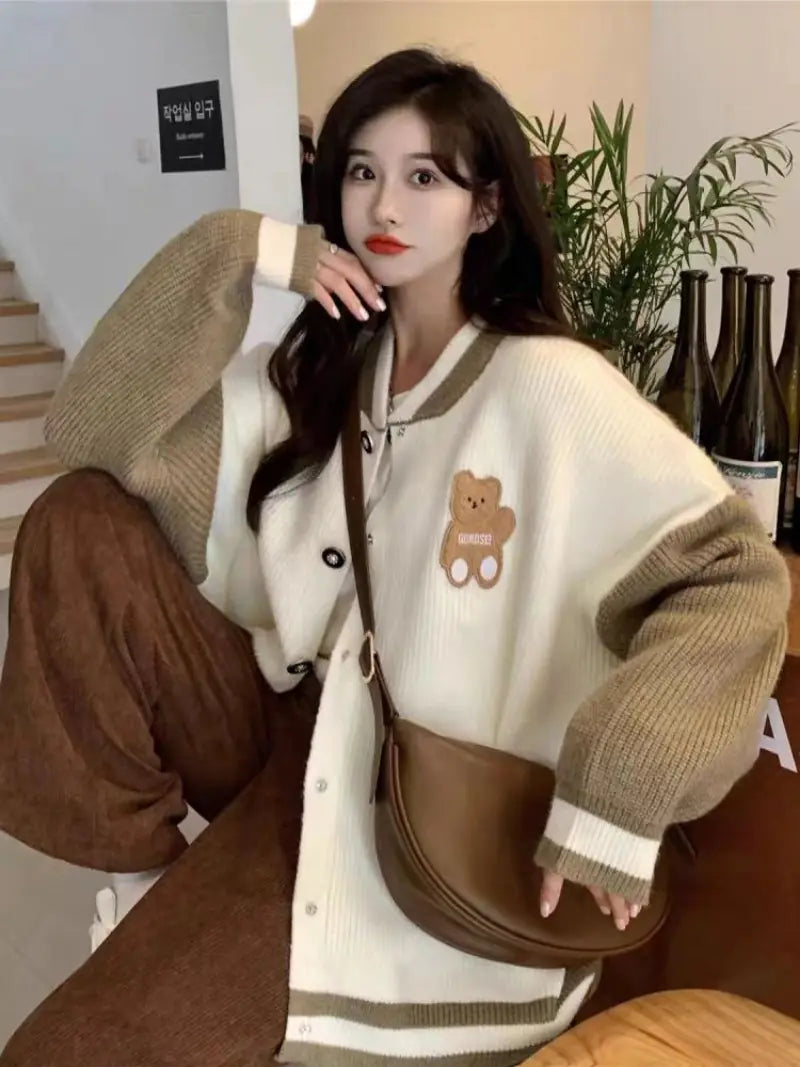 Kawaii Bear Embroidery Contrast Color Cardigan Sweater