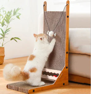 Wood Cat Scratcher - Funny Cat with Corrugated Base (Set)