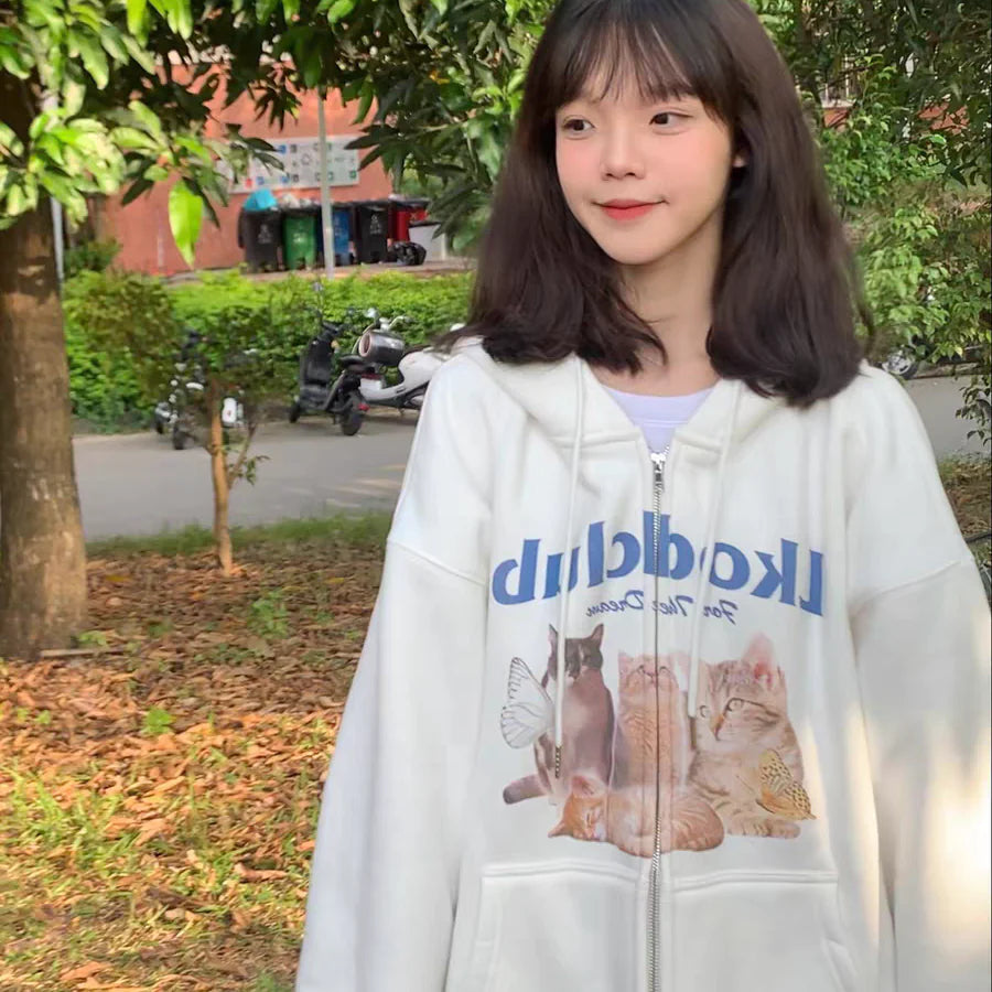 Kitten Print Fleece Hoodie Cardigan for Women