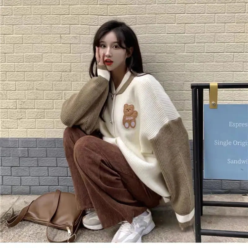 Kawaii Bear Embroidery Contrast Color Cardigan Sweater