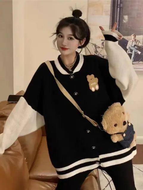 Kawaii Bear Embroidery Contrast Color Cardigan Sweater