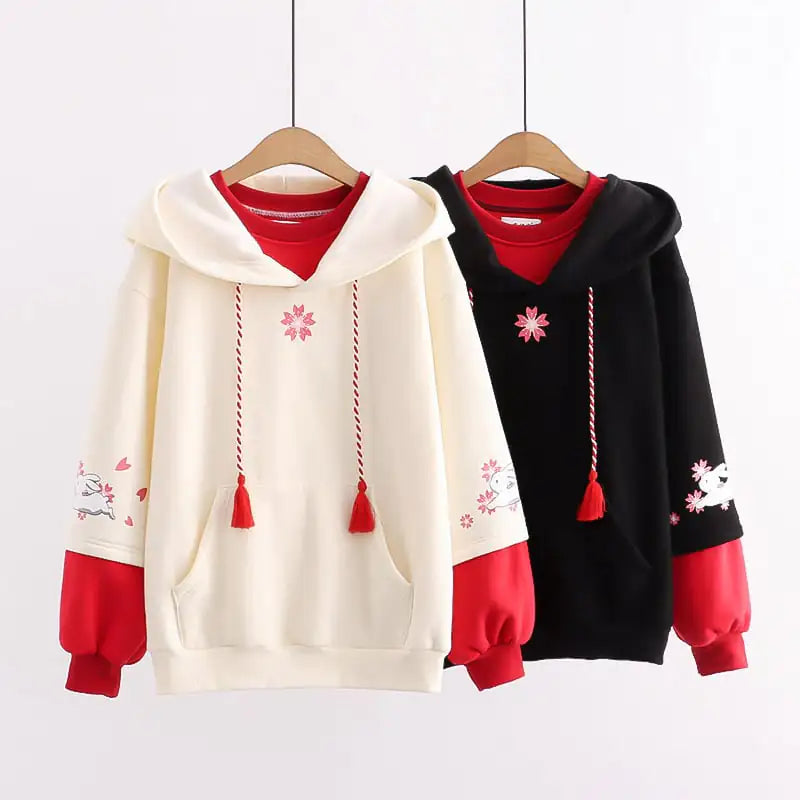 Japanese Flower Rabbit Embroidery Velvet Sweater Set