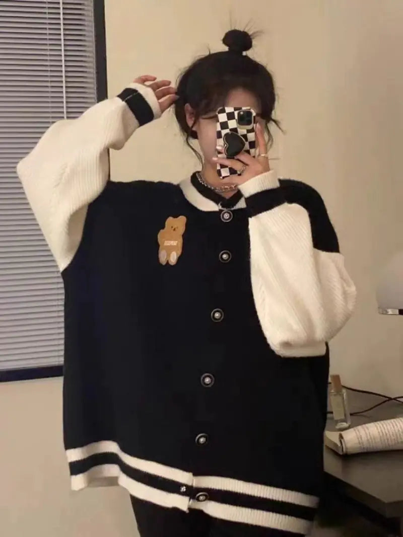 Kawaii Bear Embroidery Contrast Color Cardigan Sweater