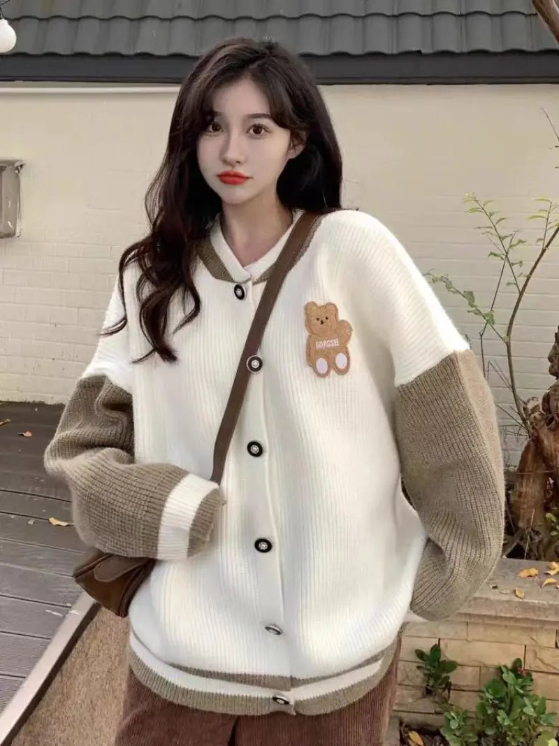 Kawaii Bear Embroidery Contrast Color Cardigan Sweater