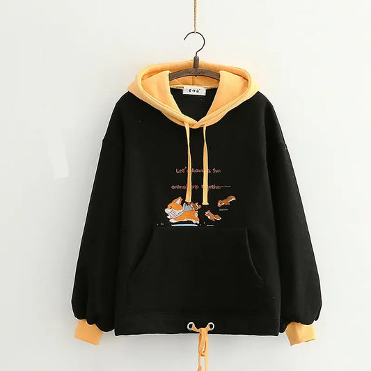 Cute Cartoon Dog Embroidery Thick Hooded Sweater
